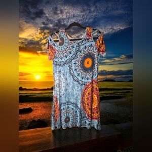 Bohemian Mandala Print Cold Shoulder dress with pockets nwot